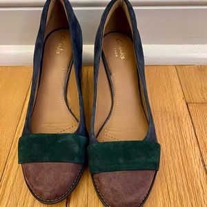 Clarks suede navy, emerald, and purple heels.